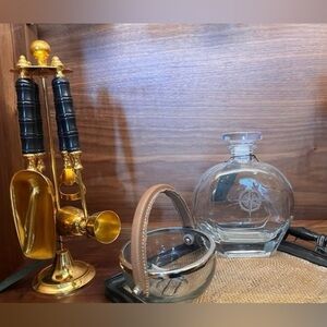 Pair of NEW zodax Leather Handled Glass bowls with silver trim. Made in India